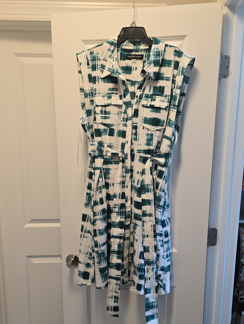 Andrew MARC Teal & White Printed Sleeveless Shirt Dress